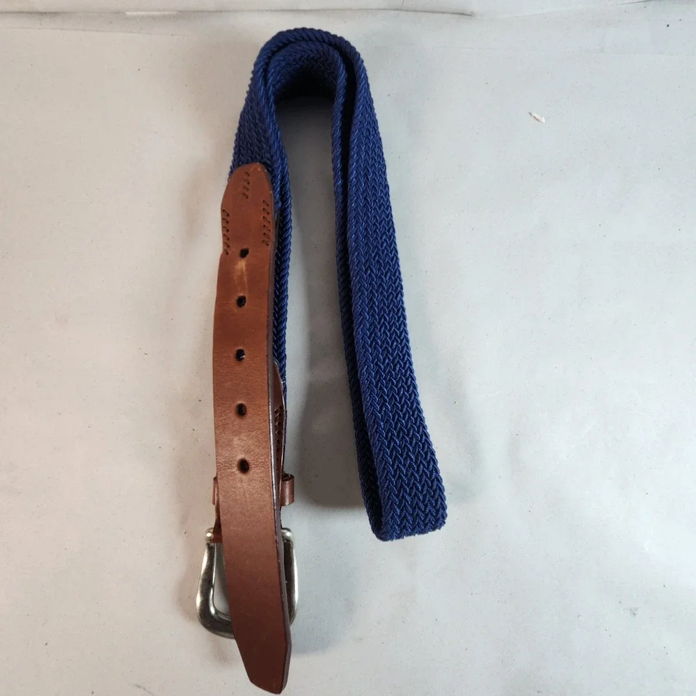 Nautica Mens 38 Braided Web Belt Navy Blue Brown Leather Trim Golf Preppy Resort
